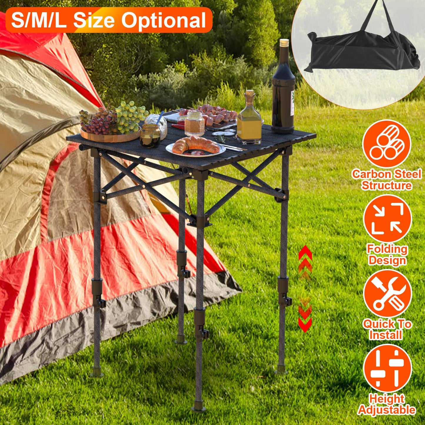 S-M-L Size Options Portable Folding Camping Table With Adjustable Height Rustproof Carbon Steel Foldable Roll-Up Camping Table For Picnic Camping Hiking Beach BBQ 55LBS Max Load
