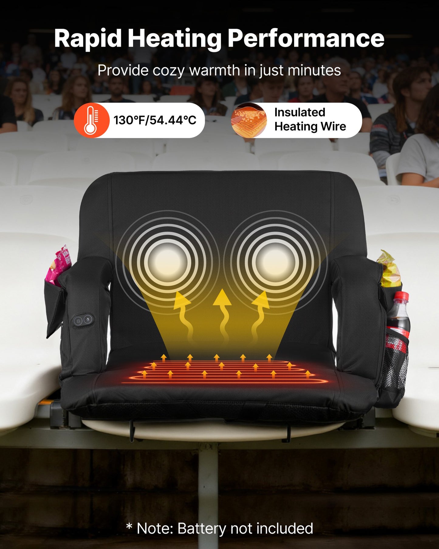 Stadium Seat, 25 Inch Heated Stadium Chair, Bleacher Seat Heated With 4 Pockets For Bleachers, 3 Level Heating & 6 Modes Vibration Portable Heating Stadiums Chair For Camping, Sports Events