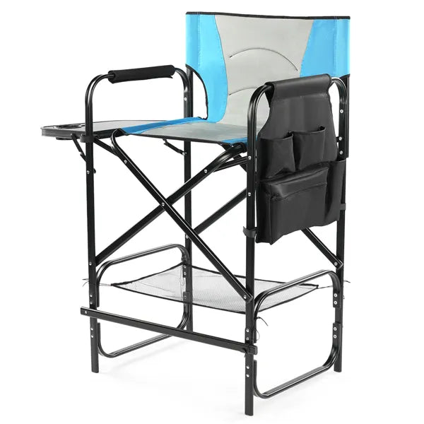 31" Tall Directors Chair With Footrest, 4Portable Bar Height Folding Camping Chair With Built-in Cup Holder, Side Table, Storage Pocket, Blue & Gray