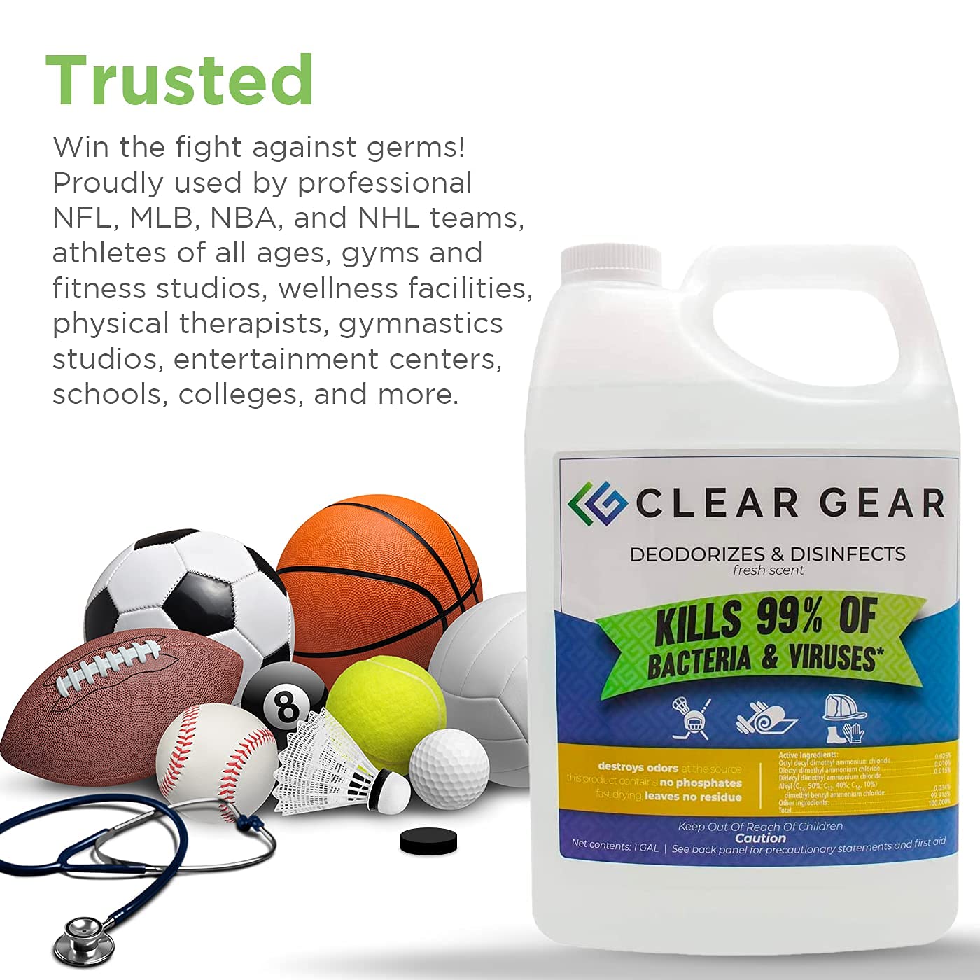 Clear Gear Disinfectant Cleaner, and Deodorizer For Sports Equipment, Gyms, and Fitness Centers - EPA-Registered, Hospital Grade, Made in USA - 1-Pack of 32 Oz Bottle Disinfecting Spray