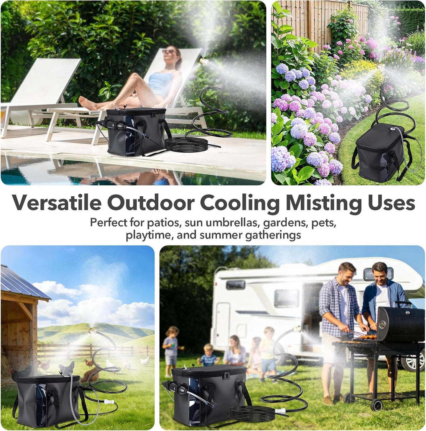 Neitra Portable Misting Systems, Water Misters Cooling Outdoor with 5000mAh Water Pump, 20L Bucket, 9.8FT Hose & 8.2FT Cobra Mist Stand for Patio/Umbrella/Poultry/Golf Cart/Camping