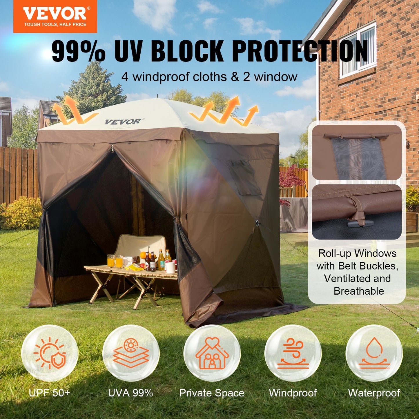 Pop Up Gazebo Tent, Pop-Up Screen Tent 4 Sided Canopy Sun Shelter With 4 Removable Privacy Wind Cloths & Mesh Windows, 6x6FT Quick Set Screen Tent With Mosquito Netting, Brown