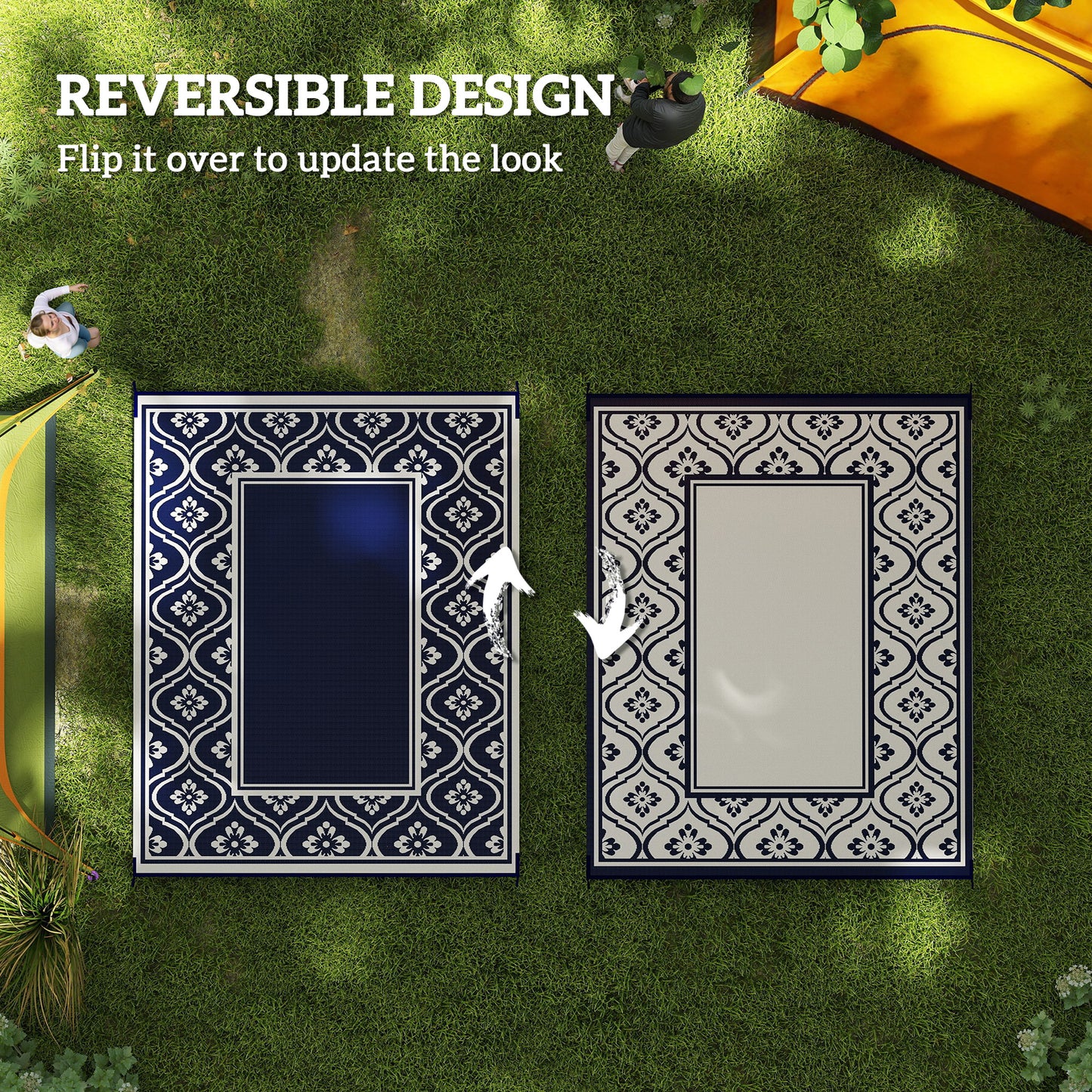 Reversible Outdoor Rug, Waterproof Plastic Straw with Carry Bag, 8' x 10', Blue & White Gourd Border