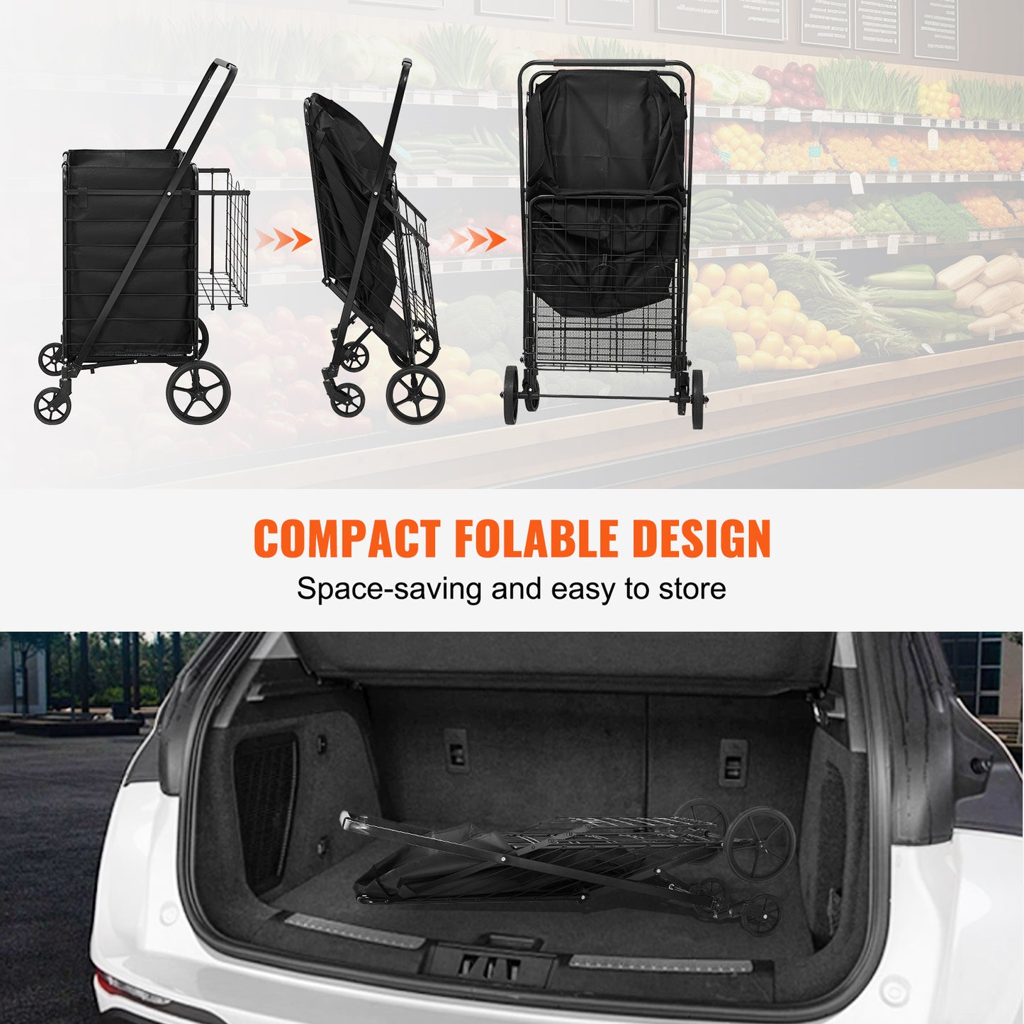 VEVOR Folding Shopping Cart With Removable Waterproof Liner, 330LBS Large Capacity Jumbo Grocery Cart With Dual Basket, Swivel Wheels, Dense Metal Mesh Base, Heavy Duty Utility Cart For Shopping