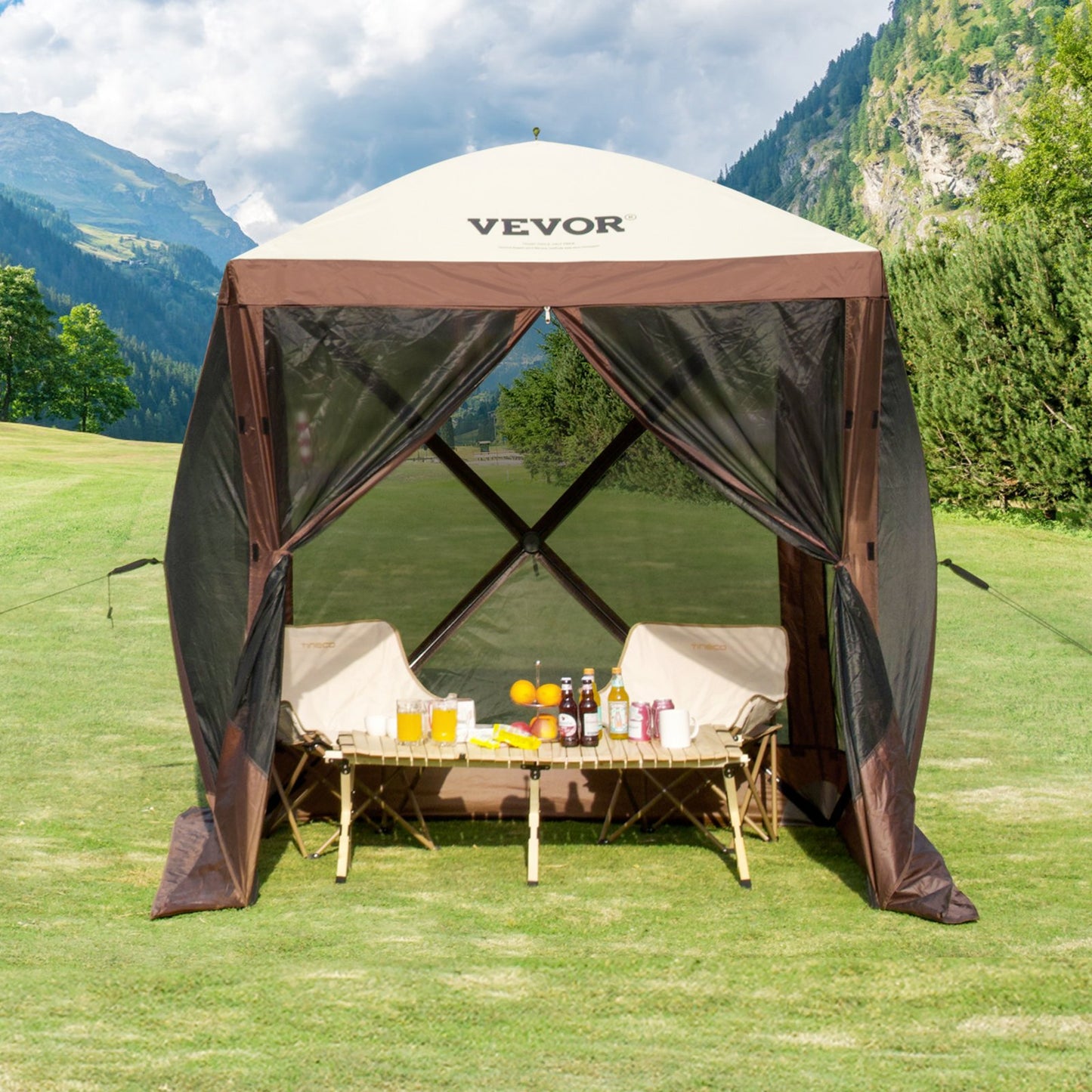 Pop Up Gazebo Tent, Pop-Up Screen Tent 4 Sided Canopy Sun Shelter With 4 Removable Privacy Wind Cloths & Mesh Windows, 6x6FT Quick Set Screen Tent With Mosquito Netting, Brown