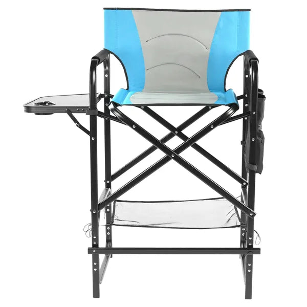 31" Tall Directors Chair With Footrest, 4Portable Bar Height Folding Camping Chair With Built-in Cup Holder, Side Table, Storage Pocket, Blue & Gray