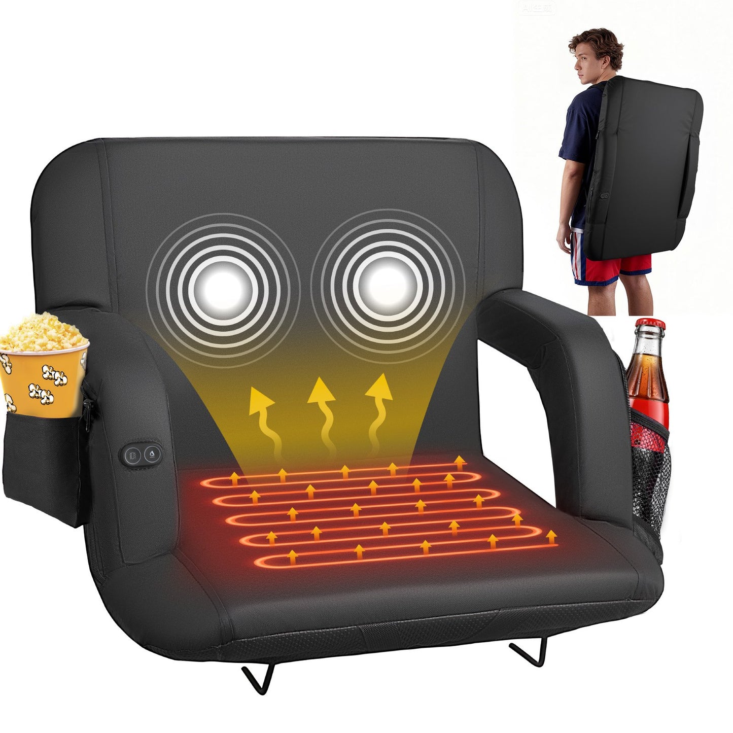 Stadium Seat, 25 Inch Heated Stadium Chair, Bleacher Seat Heated With 4 Pockets For Bleachers, 3 Level Heating & 6 Modes Vibration Portable Heating Stadiums Chair For Camping, Sports Events
