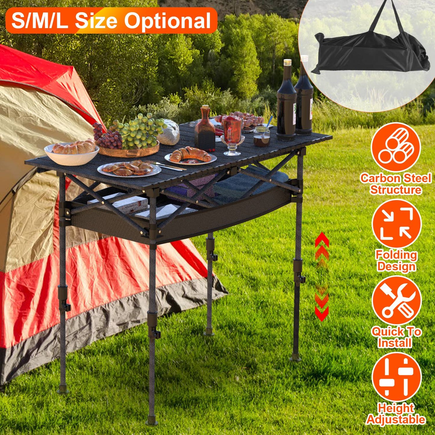 S-M-L Size Options Portable Folding Camping Table With Adjustable Height Rustproof Carbon Steel Foldable Roll-Up Camping Table For Picnic Camping Hiking Beach BBQ 55LBS Max Load