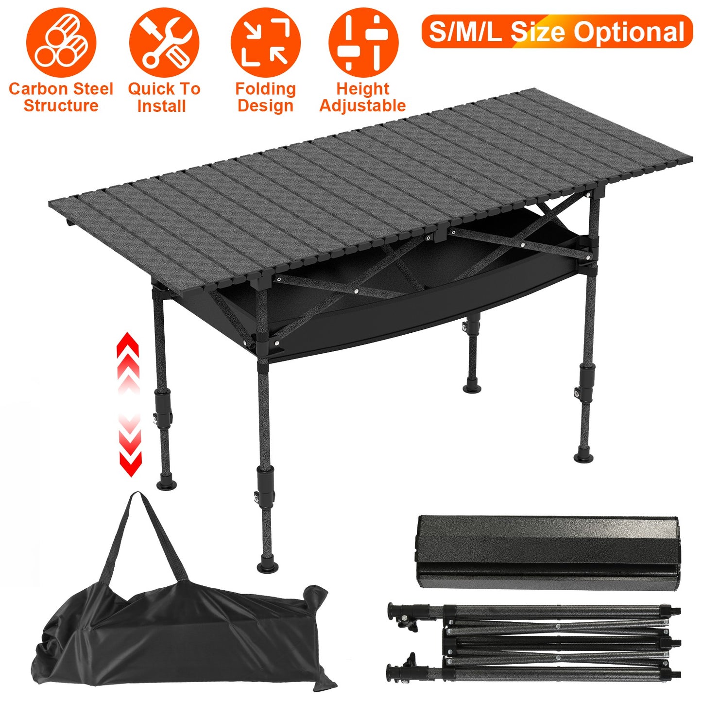 S-M-L Size Options Portable Folding Camping Table With Adjustable Height Rustproof Carbon Steel Foldable Roll-Up Camping Table For Picnic Camping Hiking Beach BBQ 55LBS Max Load
