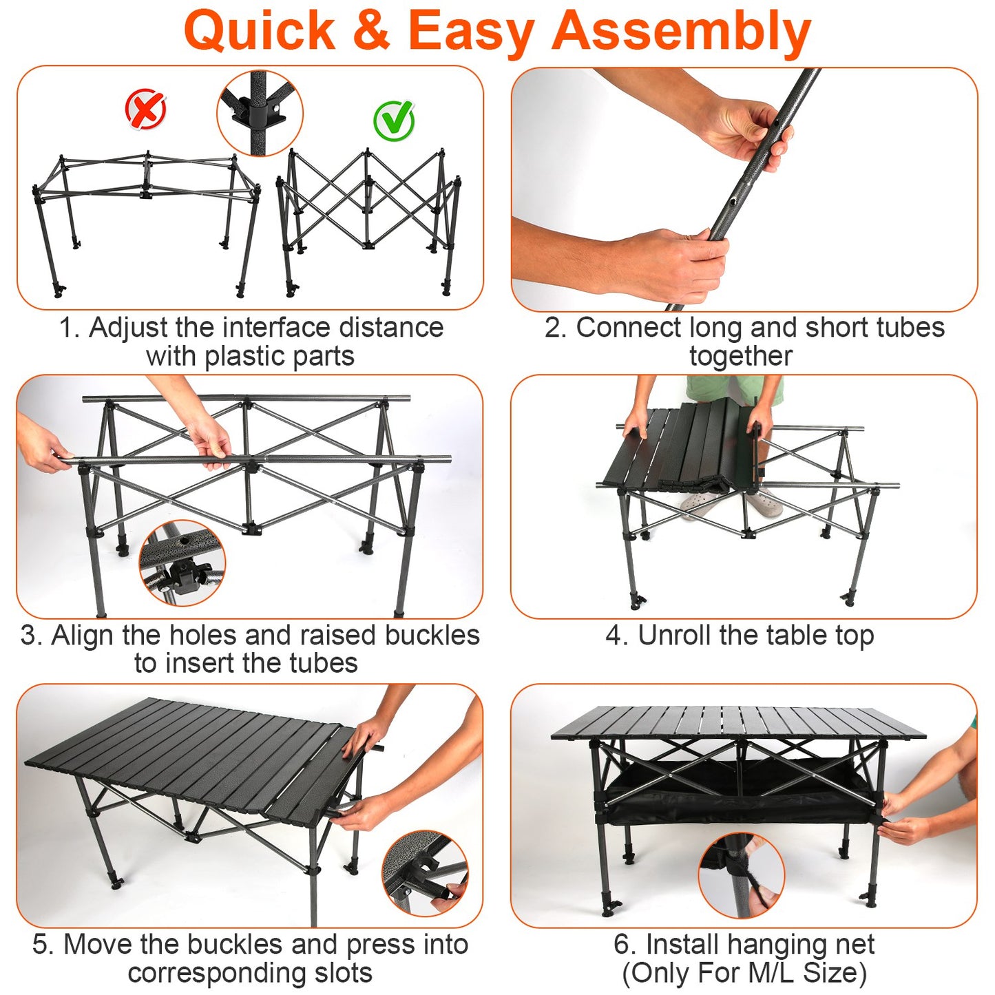 S-M-L Size Options Portable Folding Camping Table With Adjustable Height Rustproof Carbon Steel Foldable Roll-Up Camping Table For Picnic Camping Hiking Beach BBQ 55LBS Max Load