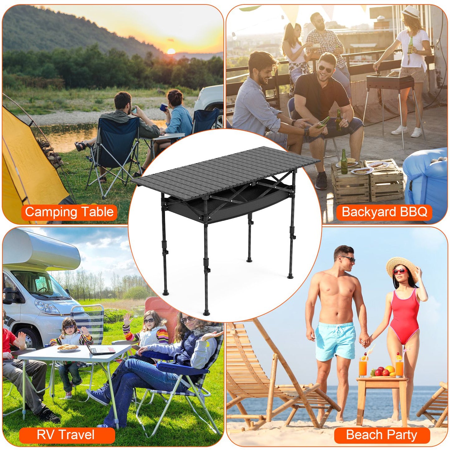 S-M-L Size Options Portable Folding Camping Table With Adjustable Height Rustproof Carbon Steel Foldable Roll-Up Camping Table For Picnic Camping Hiking Beach BBQ 55LBS Max Load
