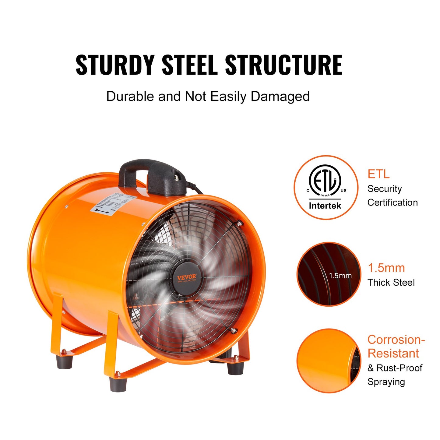 VEVOR Portable Ventilator, 12 Inch Heavy Duty Cylinder Fan With 16.4ft Duct Hose, 585W Strong Shop Exhaust Blower 3198CFM, Industrial Utility Blower For Sucking Dust, Smoke, Smoke Home Workplace