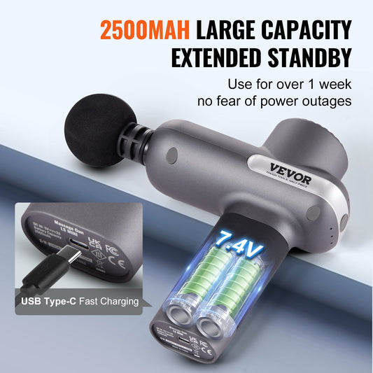 VEVOR Massage Gun Deep Tissue, Percussion Muscle Massager For Athletes - With 5 Speed Levels & 6 Massage Heads, 7.4V 2500mAh Batteries, Handheld Electric Massage Gun For Pain Relief, Muscle Relaxation