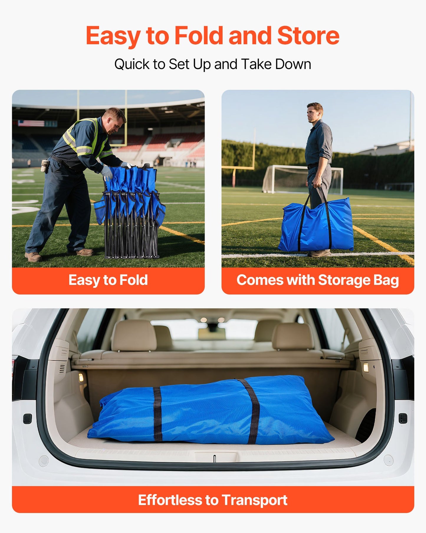 Portable Folding Bench, 6 Seat Foldable Soccer Bench With Side Pockets And Carrying Bag, Lightweight Sideline Seating With Back Rest For Football, Baseball, Camping, Outdoor Events, Blue
