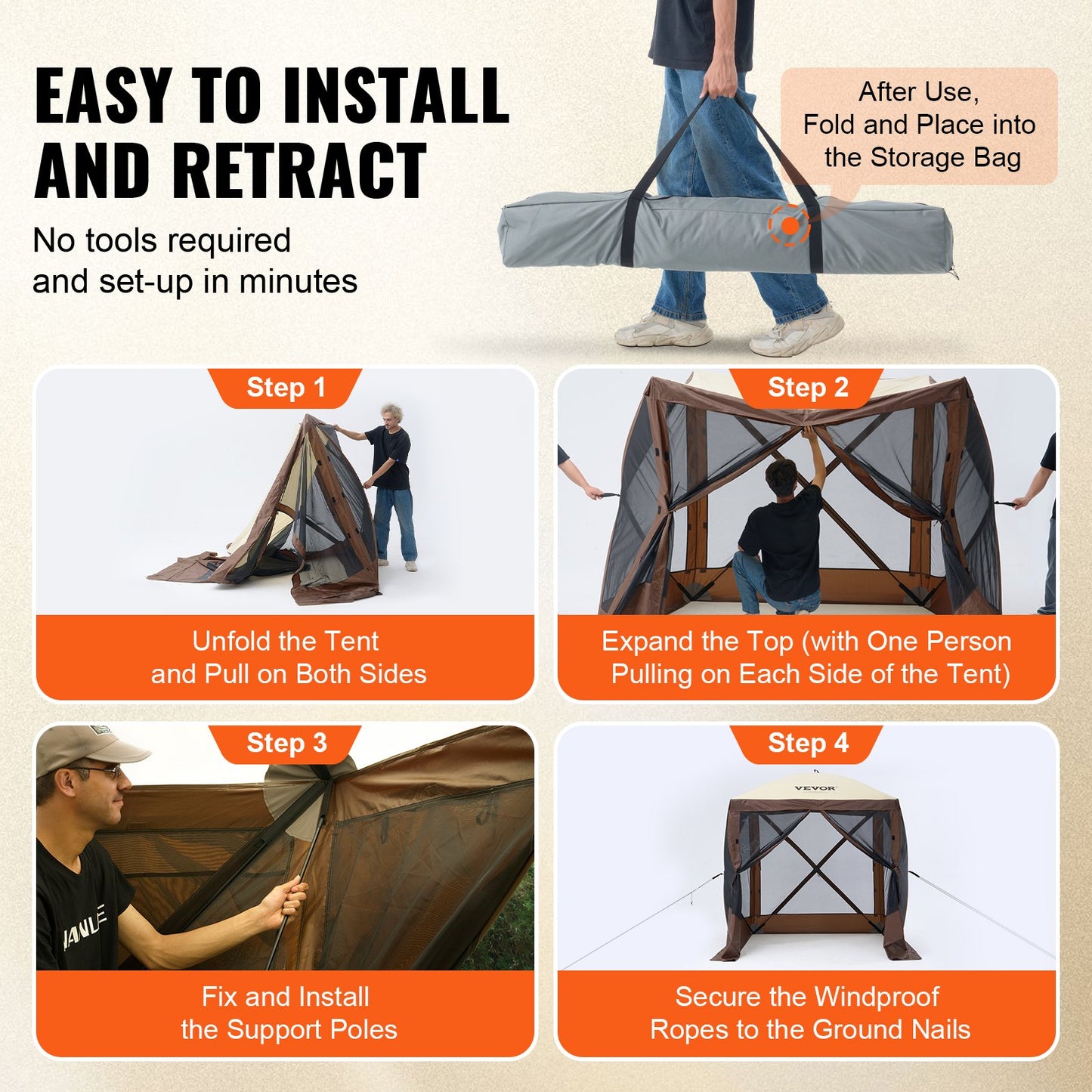 Pop Up Gazebo Tent, Pop-Up Screen Tent 4 Sided Canopy Sun Shelter With 4 Removable Privacy Wind Cloths & Mesh Windows, 6x6FT Quick Set Screen Tent With Mosquito Netting, Brown