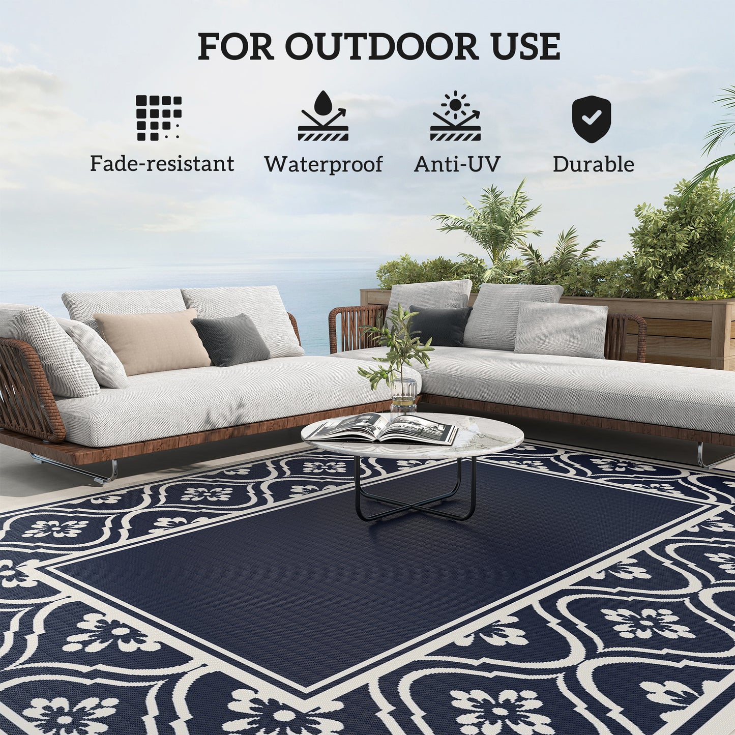Reversible Outdoor Rug, Waterproof Plastic Straw with Carry Bag, 8' x 10', Blue & White Gourd Border