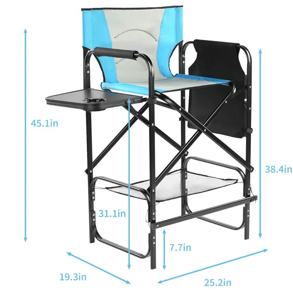 31" Tall Directors Chair With Footrest, 4Portable Bar Height Folding Camping Chair With Built-in Cup Holder, Side Table, Storage Pocket, Blue & Gray