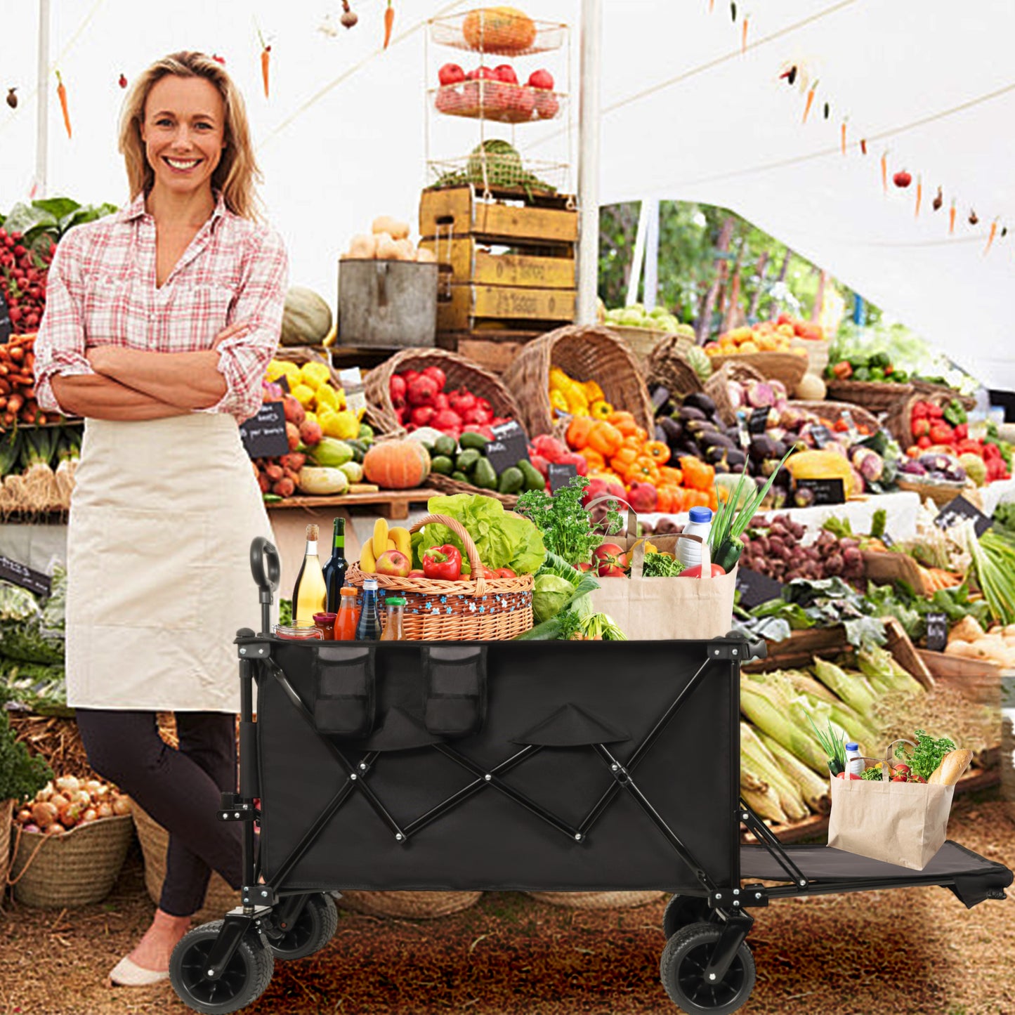 Foldable Wagon With Extended Tailgate  Extra Long Extender Wagon Cart Beach Wagon Cart Heavy Duty 480LBS With Large All- Terrain Beach Wheels  Black-  Gray