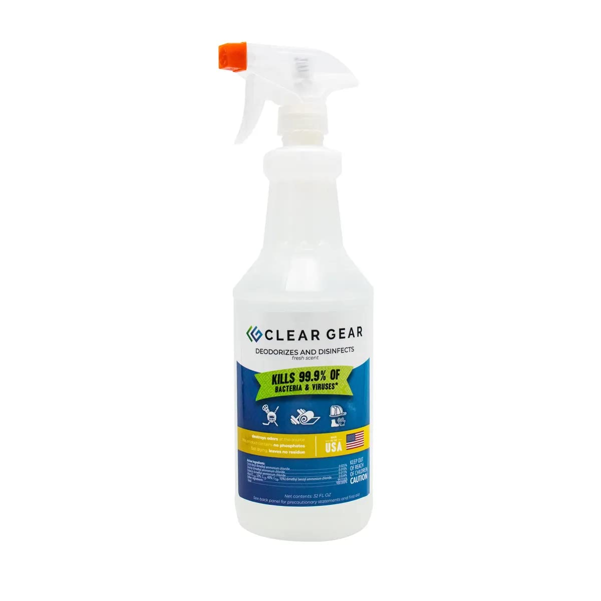 Clear Gear Disinfectant Cleaner, and Deodorizer For Sports Equipment, Gyms, and Fitness Centers - EPA-Registered, Hospital Grade, Made in USA - 1-Pack of 32 Oz Bottle Disinfecting Spray