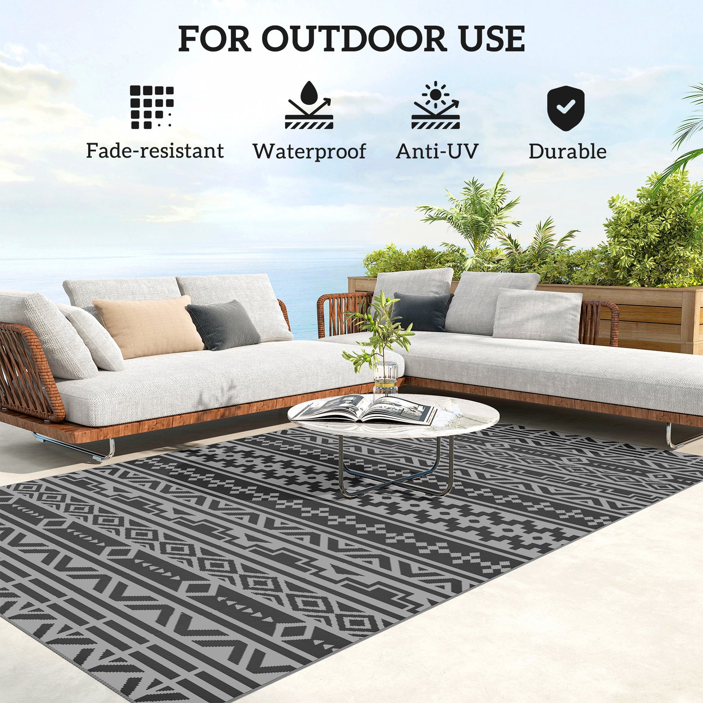 Reversible Outdoor Rug, Waterproof Plastic Straw with Carry Bag, 6' x 9', Black & Gray Geometric Wall