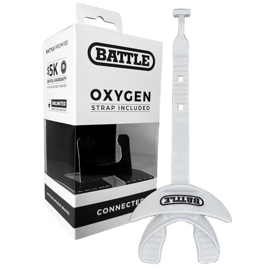 Battle Oxygen Lip Protector Mouth Guard with Connected Strap, Football and Sports Gear, Maximum Oxygen Supply, Mouthpiece Fits With or Without Braces - One Size, White | Complete sport safety, largest breathing hole on the market for maximum airflow, no b