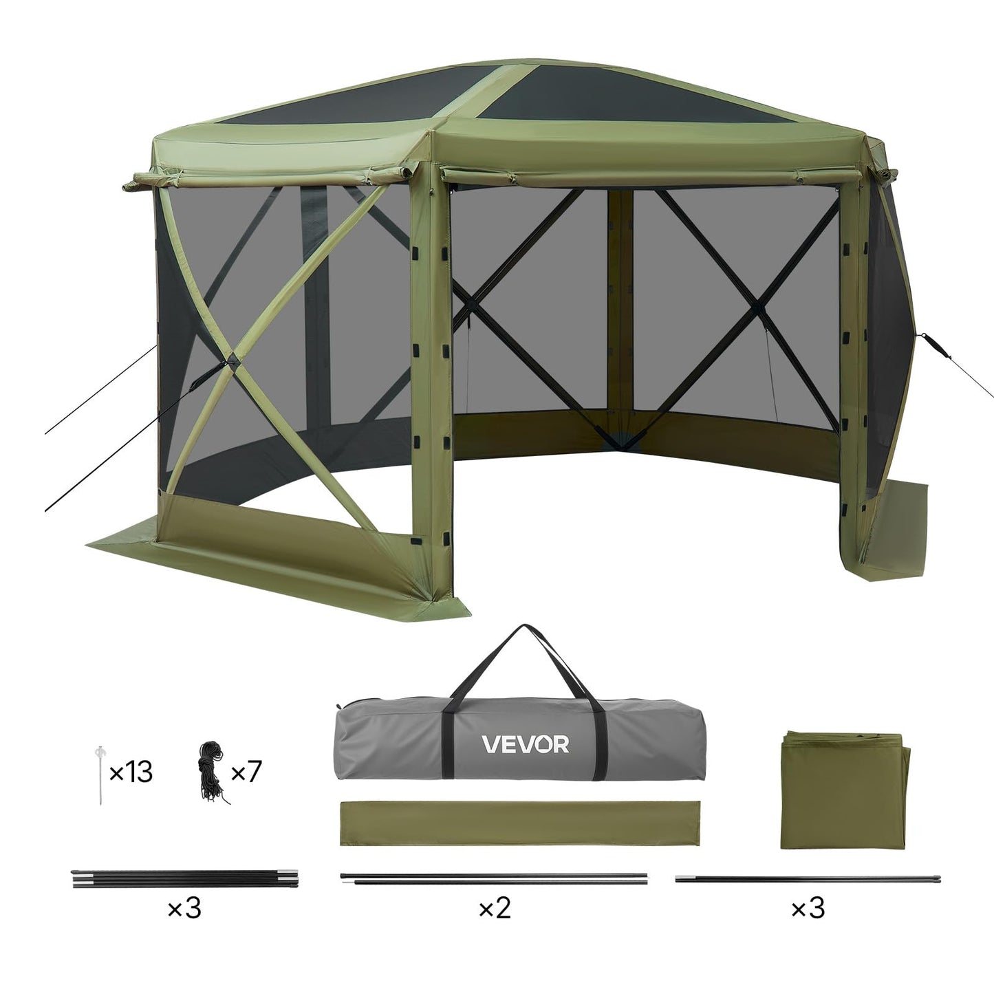VEVOR Pop Up Gazebo Screen Tent 6 Sided Canopy Sun Shelter with 6 Removable Privacy Wind Cloths & Mesh Windows, 10x10FT Quick Set Screen Tent with Mosquito Netting, Army Green