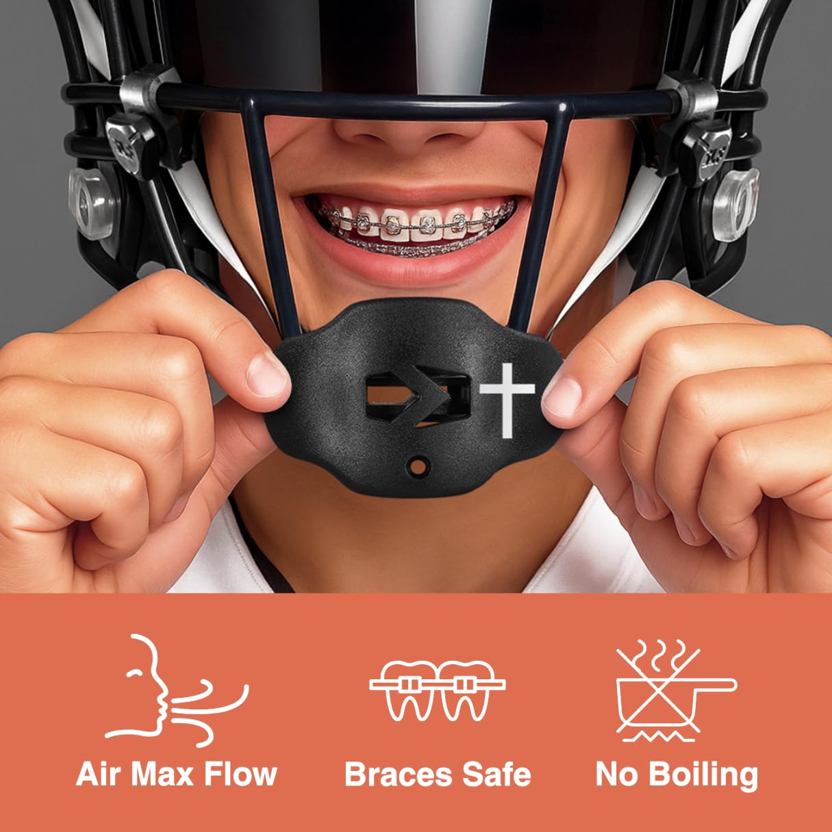 SLEEFS Football Mouth Guard - Youth Mouthguard with Strap - Lip/Teeth Protector Mouthpiece - No Boil - for Youth/Adults, Maximum Air Flow, for All Sports - Cross