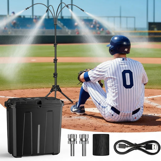 Ausic Portable Misting System with Stand, Water Cooling Misters Set for Outside Patio - 9L Bucket Built-in 10000mAh Battery & PCS Pump & Timer for Outdoor, Canopy, Sport, Golf, Beach, Greenhouse, Camp