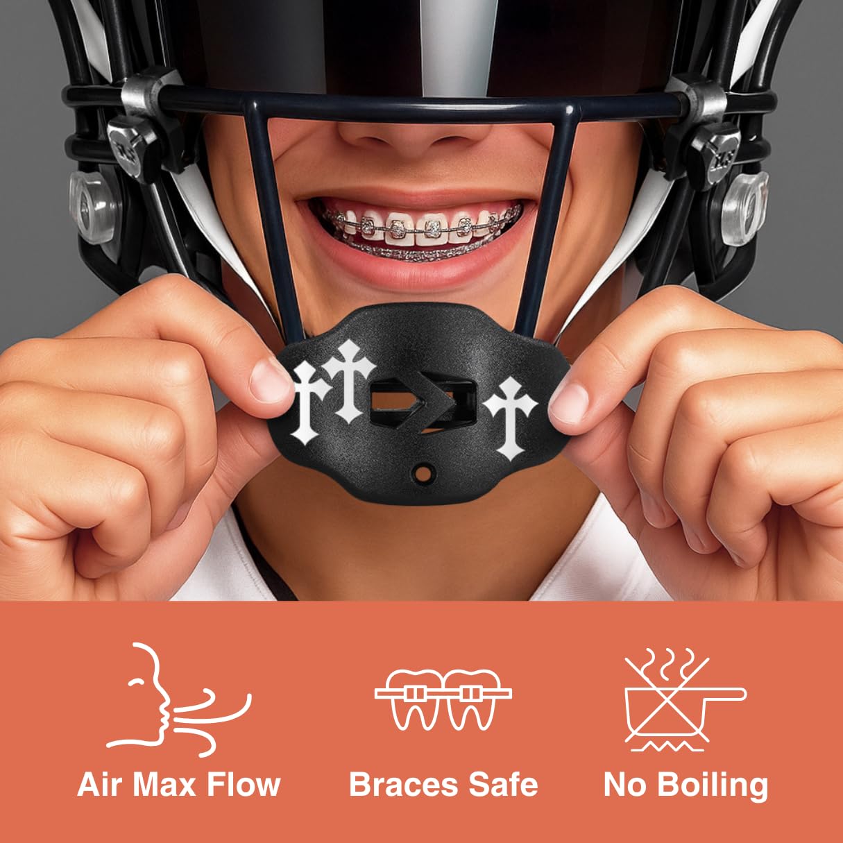 SLEEFS Football Mouth Guard - Youth Mouthguard with Strap - Lip/Teeth Protector Mouthpiece - No Boil - for Youth/Adults, Maximum Air Flow, for All Sports - Cross