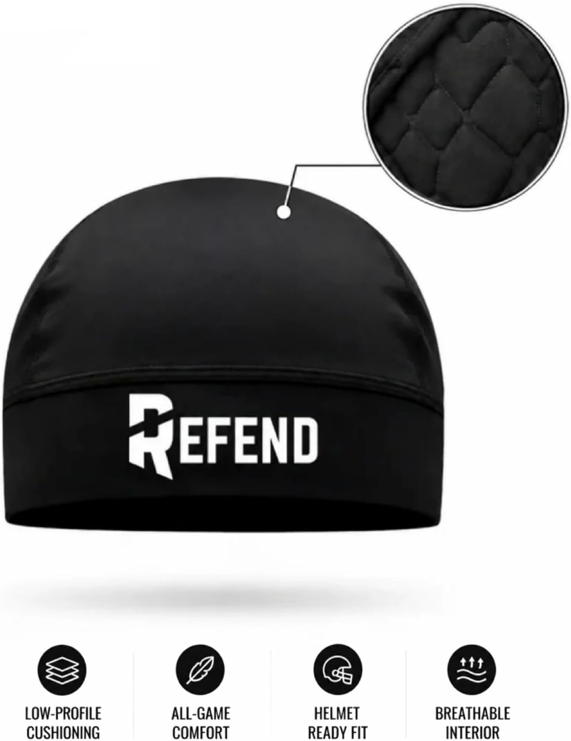 Football Skull Cap Padded, Helmet Liner with Crown Cushion, Comfort Fit, Breathable Lightweight Low Profile Beanie for Men Youth Black