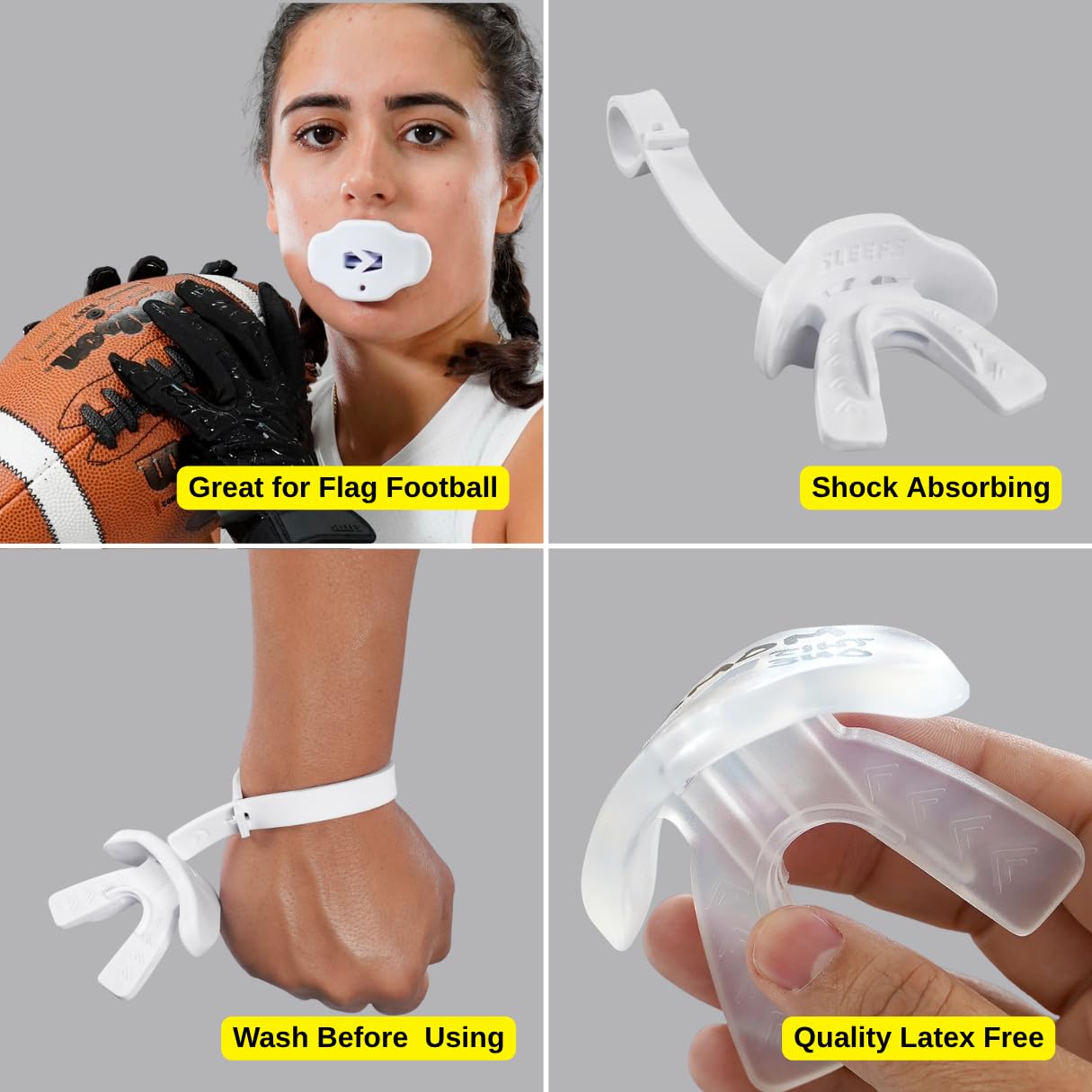 SLEEFS Football Mouth Guard - Youth Mouthguard with Strap - Lip/Teeth Protector Mouthpiece - No Boil - for Youth/Adults, Maximum Air Flow, for All Sports - Cross