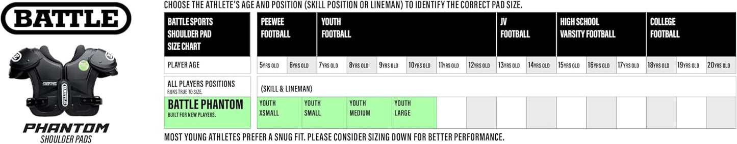 Battle Sports Phantom Football Shoulder Pads | Leaf-spring technology absorbs shock, Molded chest plate, Permanent sternum protector, Wide-coverage foam neck roll