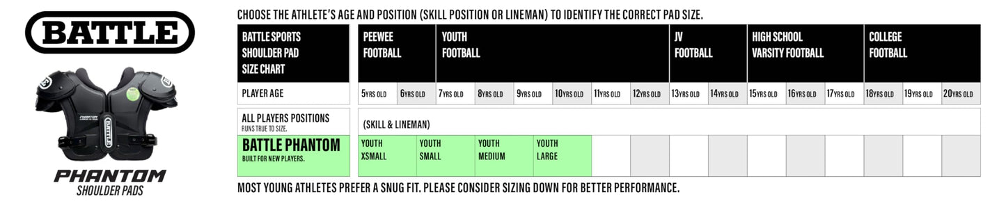 Battle Sports Phantom Football Shoulder Pads | Leaf-spring technology absorbs shock, Molded chest plate, Permanent sternum protector, Wide-coverage foam neck roll