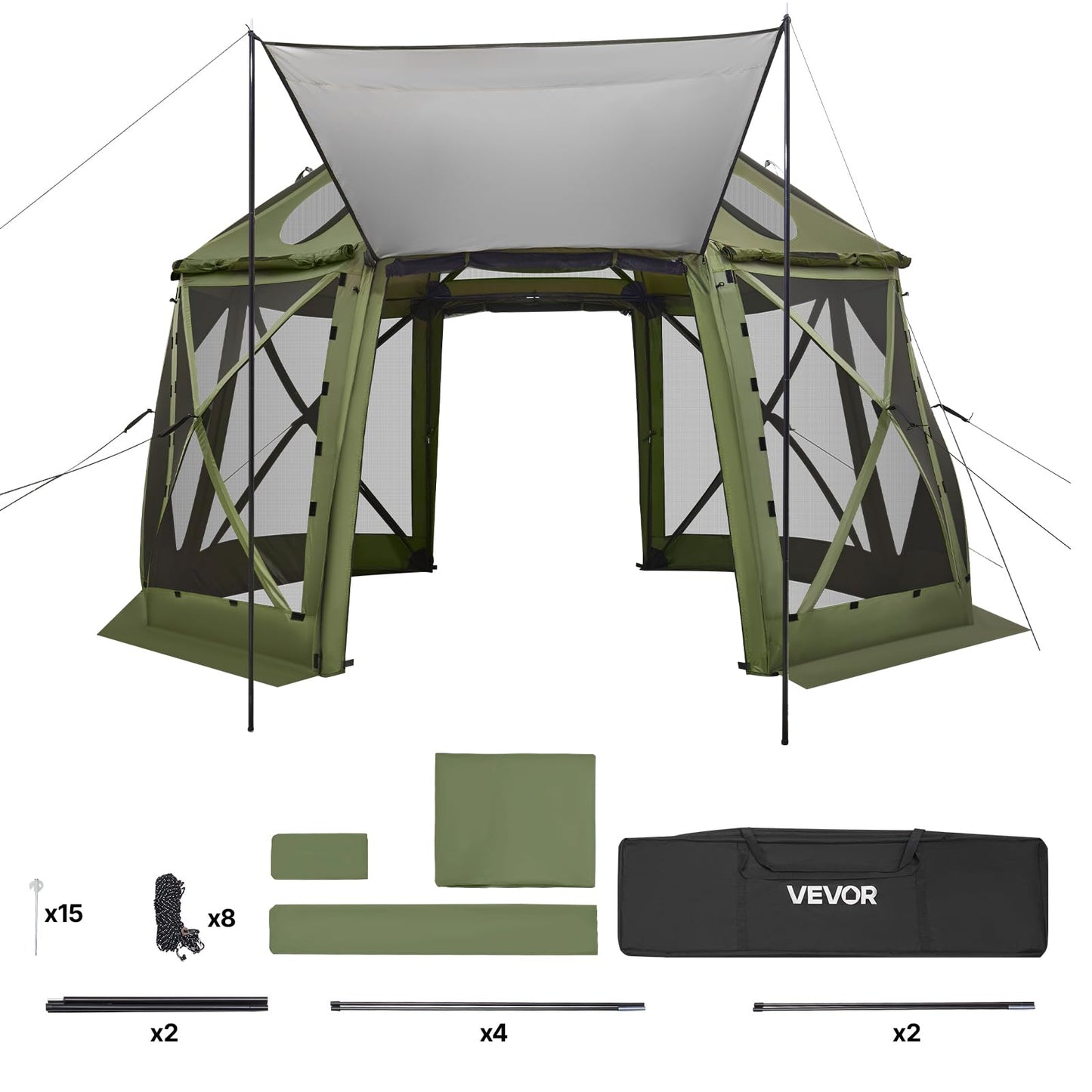 VEVOR Pop Up Gazebo Screen Tent 6 Sided Canopy Sun Shelter with 6 Removable Privacy Wind Cloths & Mesh Windows, 10x10FT Quick Set Screen Tent with Mosquito Netting, Army Green