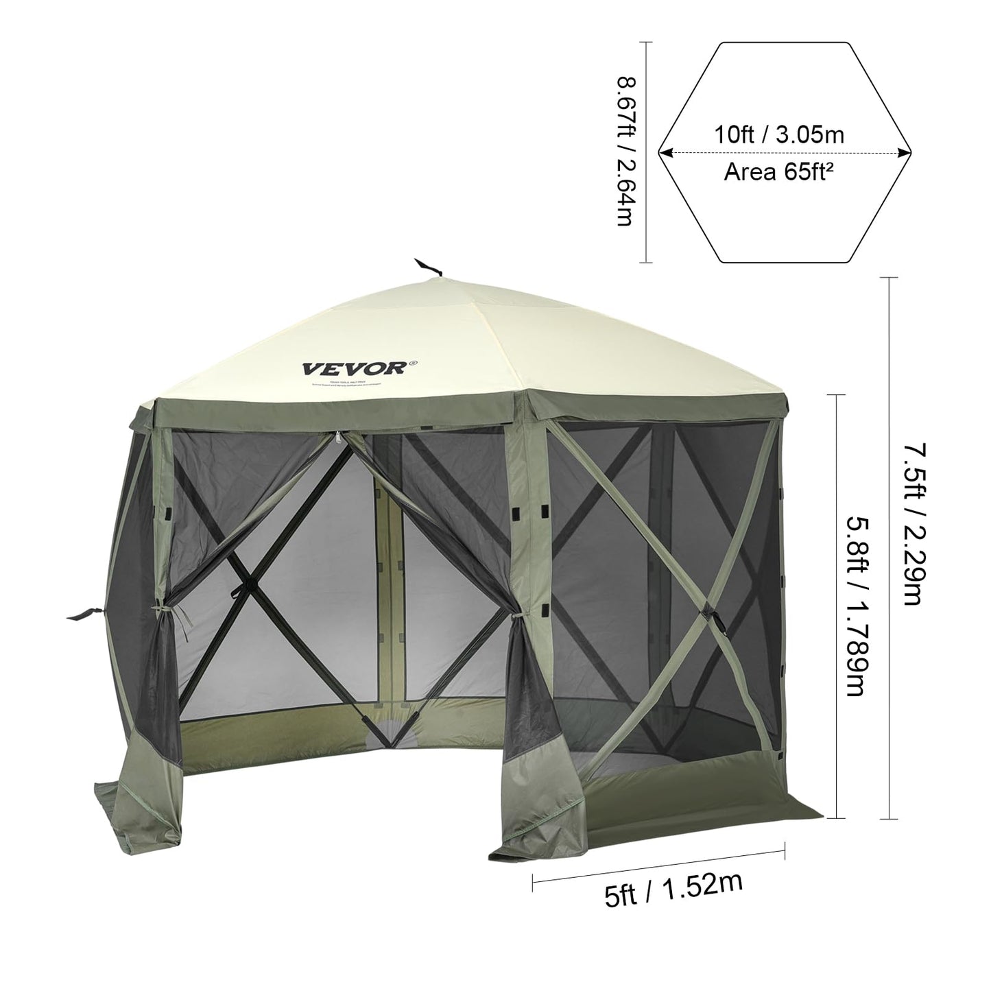 VEVOR Pop Up Gazebo Screen Tent 6 Sided Canopy Sun Shelter with 6 Removable Privacy Wind Cloths & Mesh Windows, 10x10FT Quick Set Screen Tent with Mosquito Netting, Army Green