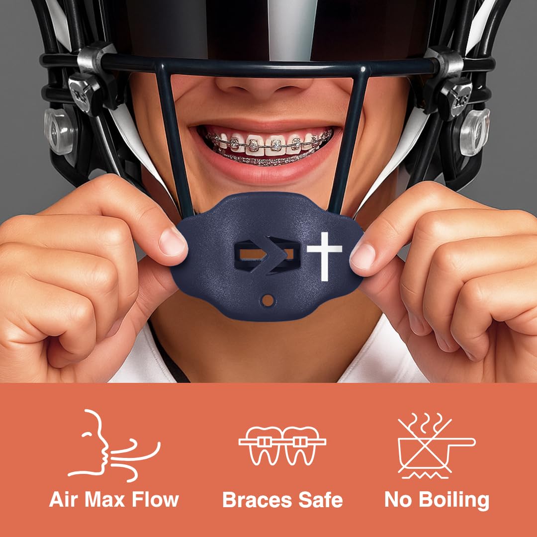 SLEEFS Football Mouth Guard - Youth Mouthguard with Strap - Lip/Teeth Protector Mouthpiece - No Boil - for Youth/Adults, Maximum Air Flow, for All Sports - Cross