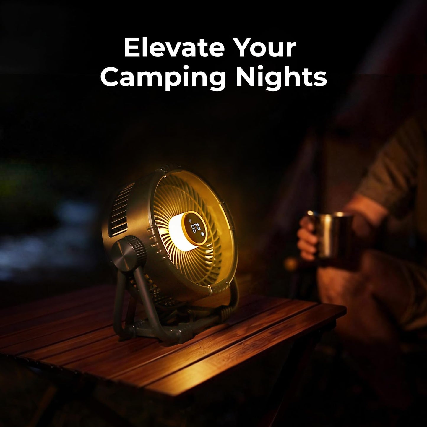 BougeRV Portable Fan Rechargeable, 20000mAh Battery Powered Fans with 4 Wind Speeds Hook Brighter Light LCD Display 270° Rotatable for Camping, Tent, Outdoors, Office, Travel, RV, Black