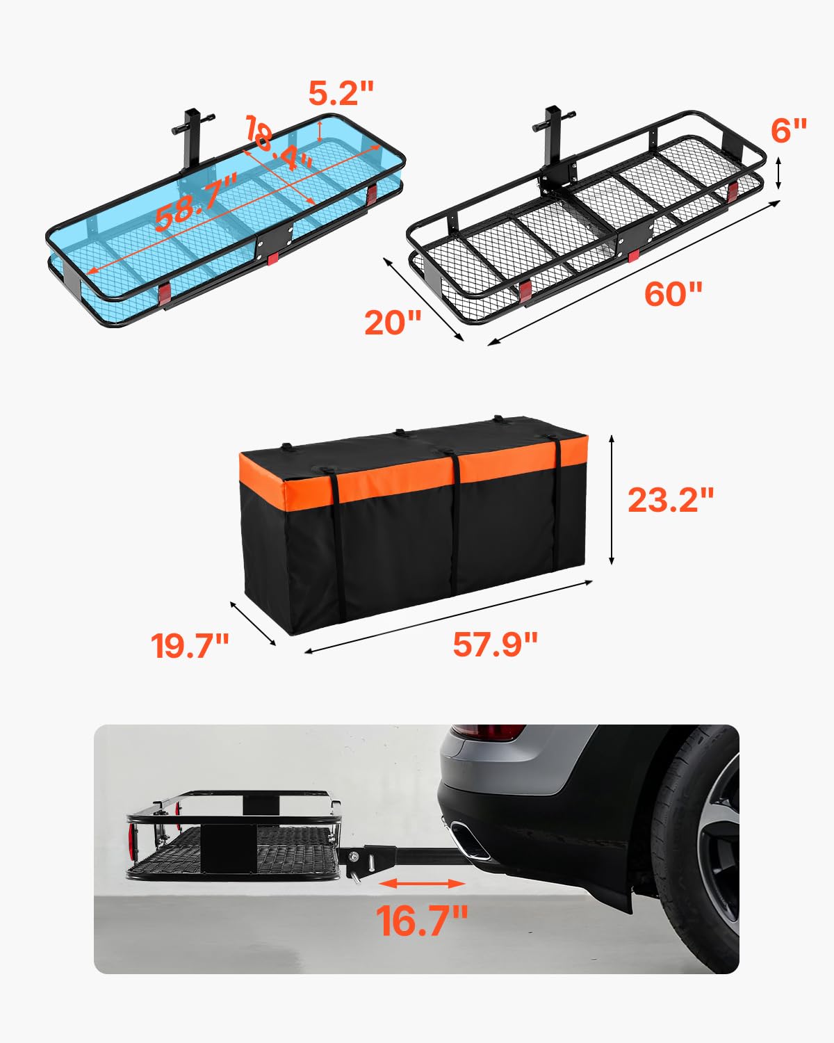 VEVOR 60x24x6 Folding Hitch Carrier - 500lb Capacity Cargo Basket & Waterproof Bag, Fits 2" Hitch Receiver for SUV, Truck, Pickup