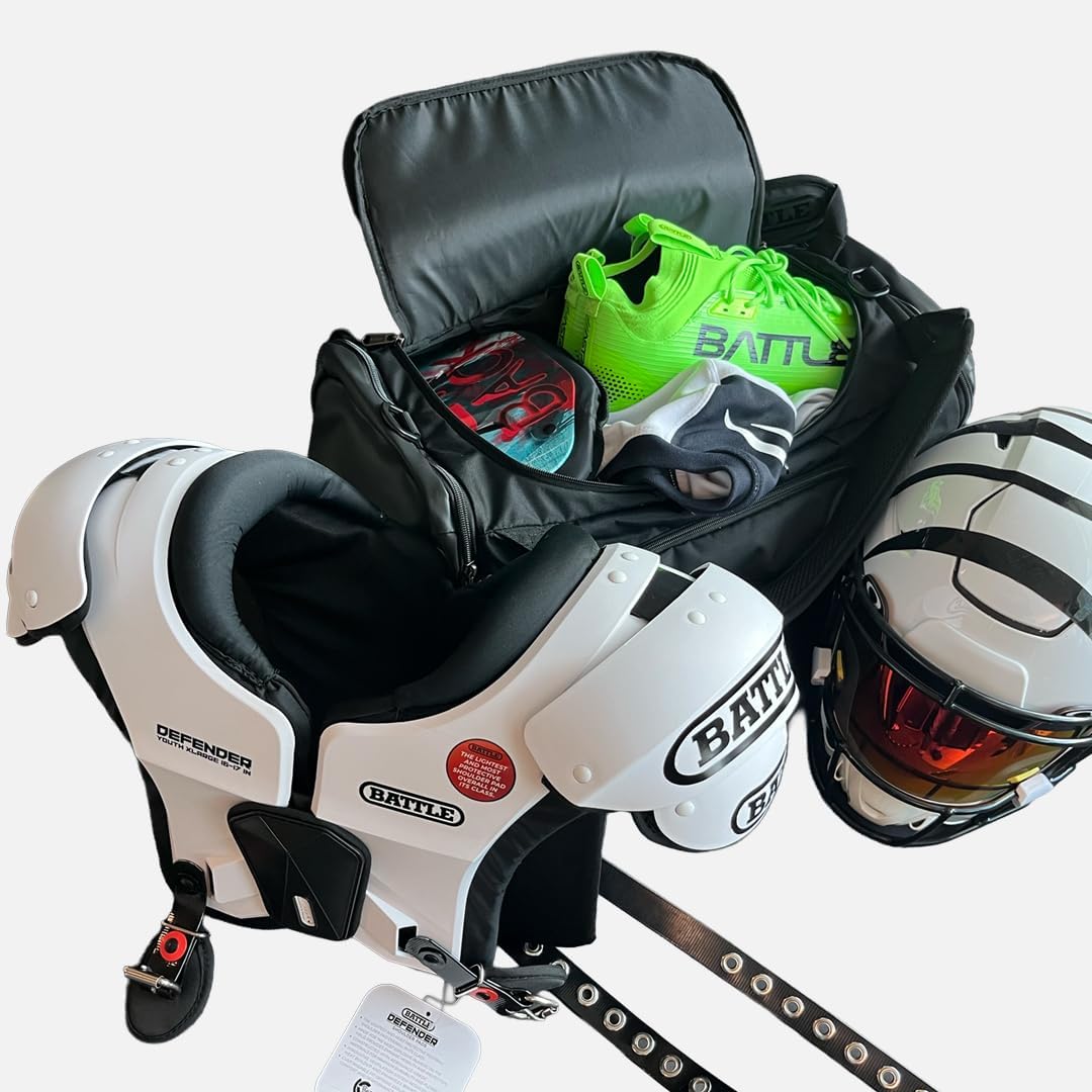 Battle Sports Vault Duffle Bag - Gym Duffle Bag with Vented and Expandable Pockets, Adjustable Shoulder Straps, Top Grab Handle, Made with Durable Material, Football Accessory, Gym or Carry On Bag