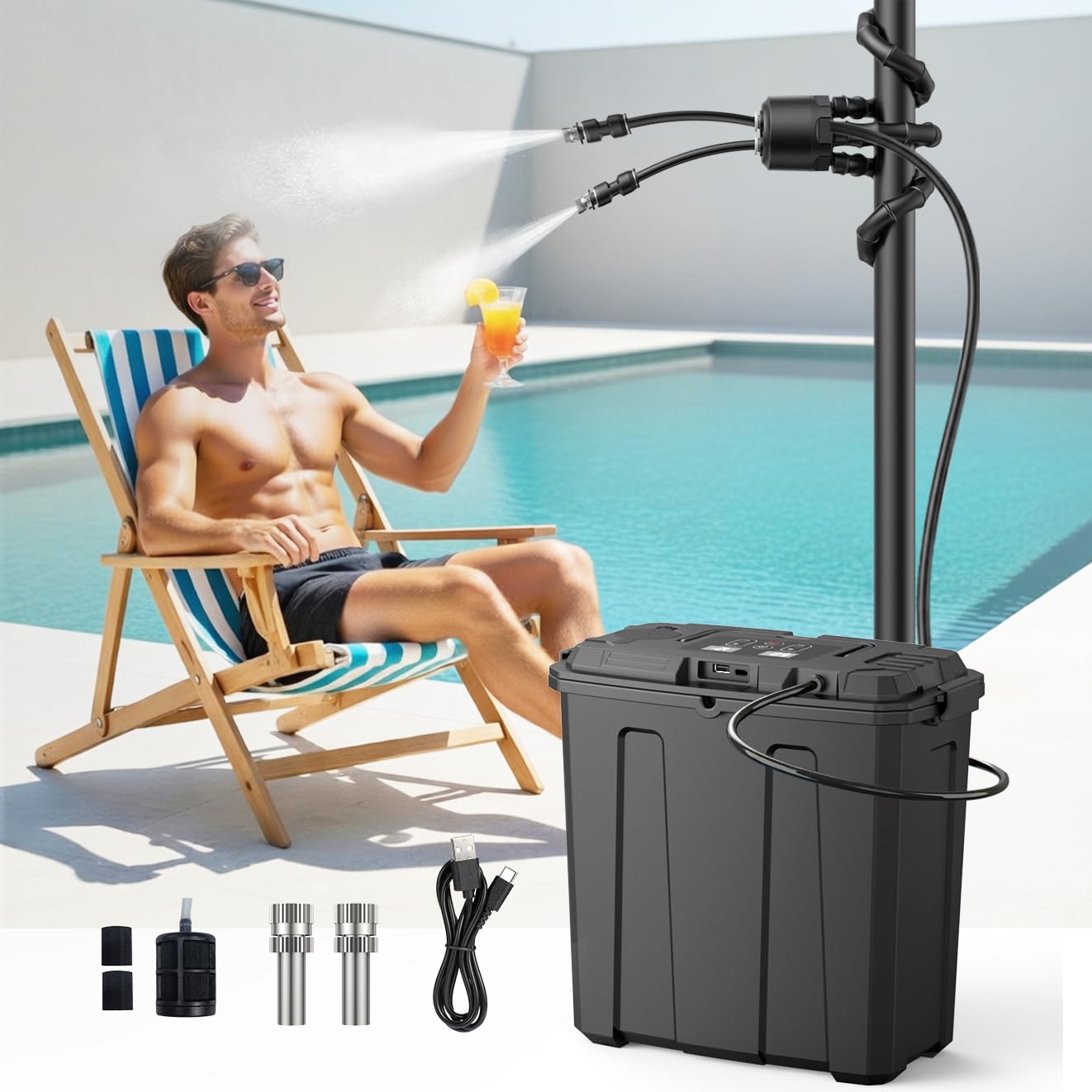 Ausic Personal Misting System Portable, Outdoor Misters for Outside Water Cooling, 9L Bucket with Built-in 10000mAh Battery & PCS Pump, for Outdoor Sports/Patio/Umbrella/Pasture/Greenhouse/Camping