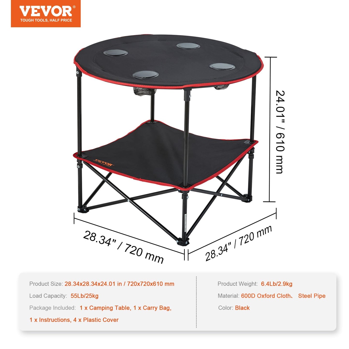 VEVOR Folding Camping Table, Portable Roll Up Side Tables, Lightweight Aluminum Beach Table for Outdoor BBQ Tailgating Picnic, Travel (47 inch-Black)