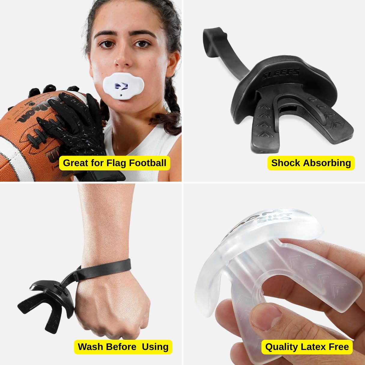SLEEFS Football Mouth Guard - Youth Mouthguard with Strap - Lip/Teeth Protector Mouthpiece - No Boil - for Youth/Adults, Maximum Air Flow, for All Sports - Cross