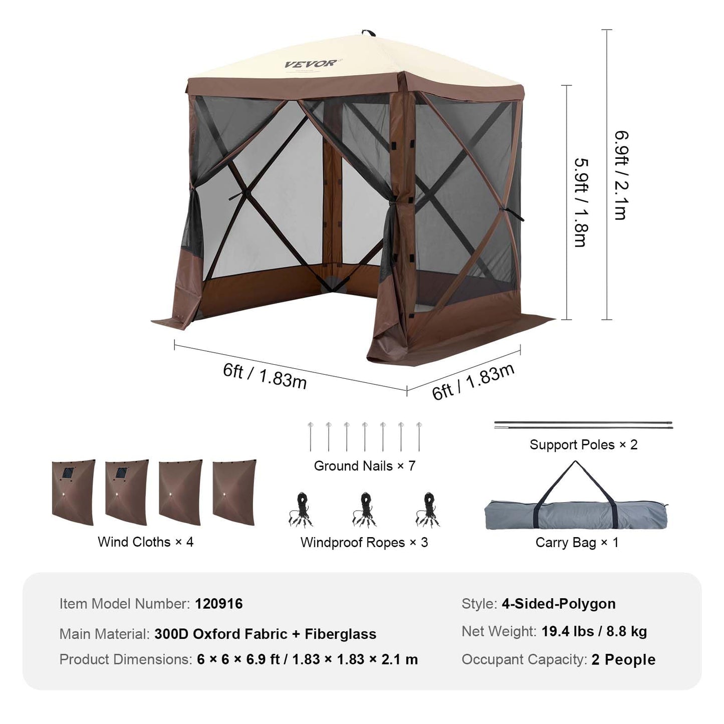 VEVOR Pop Up Gazebo Screen Tent 6 Sided Canopy Sun Shelter with 6 Removable Privacy Wind Cloths & Mesh Windows, 10x10FT Quick Set Screen Tent with Mosquito Netting, Army Green
