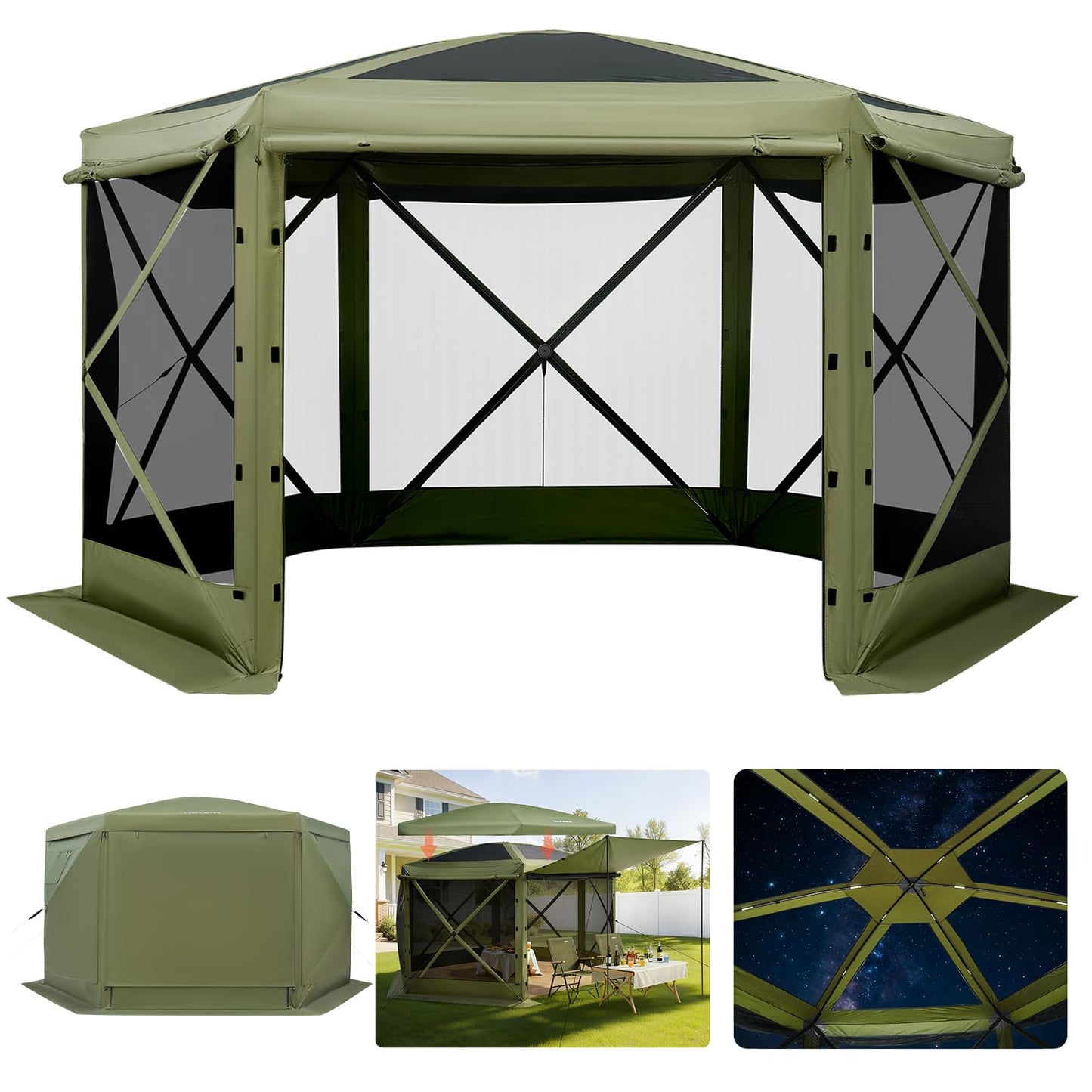 VEVOR Pop Up Gazebo Screen Tent 6 Sided Canopy Sun Shelter with 6 Removable Privacy Wind Cloths & Mesh Windows, 10x10FT Quick Set Screen Tent with Mosquito Netting, Army Green
