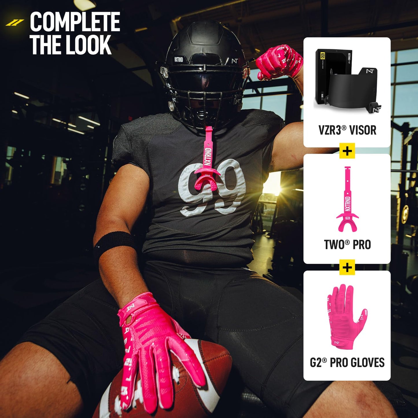Nxtrnd Two Pro Football Mouth Guard, Permanent Strap, Fits Adult & Youth (Black)