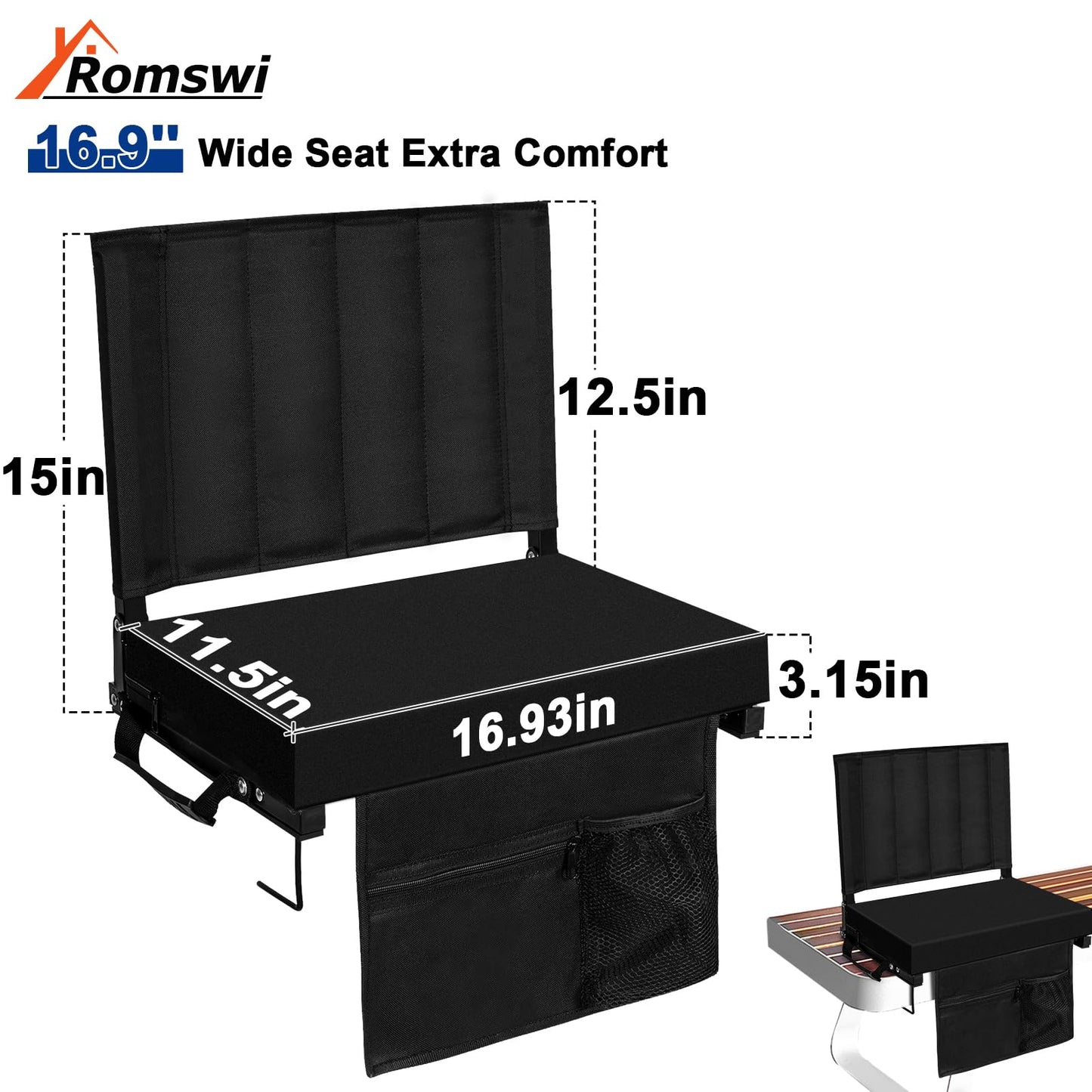 Romswi Stadium Seats for Bleachers with Back Support 2 Pack, Lightweight Portable Bleacher Chairs with Wide Padded Cushion, Folding Stadium Seat with Cup Holder