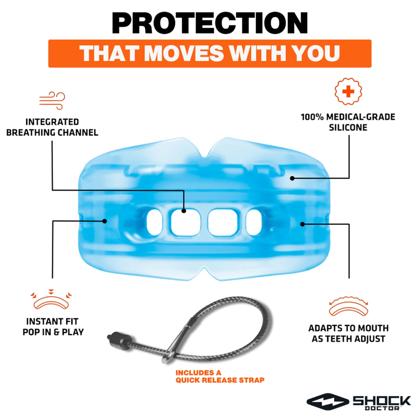 Shock Doctor Braces Football Mouth Guard, Upper & Lower Teeth Protection, Adult/Youth Sizes with Helmet Strap, Mouthguard for Sports, Football, Hockey, Lacrosse, Baseball, Wrestling, More