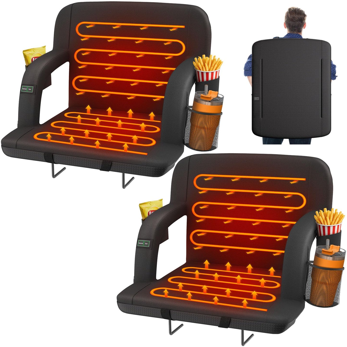 HOPERAN 23" 2pcs Dual-Sided Heated Stadium Seats for Bleachers with Back Support, 3 Levels Heating Stadium Seating for Bleachers Seat with Backrest, 5 Pockets Portable Stadium Chair for Outdoor