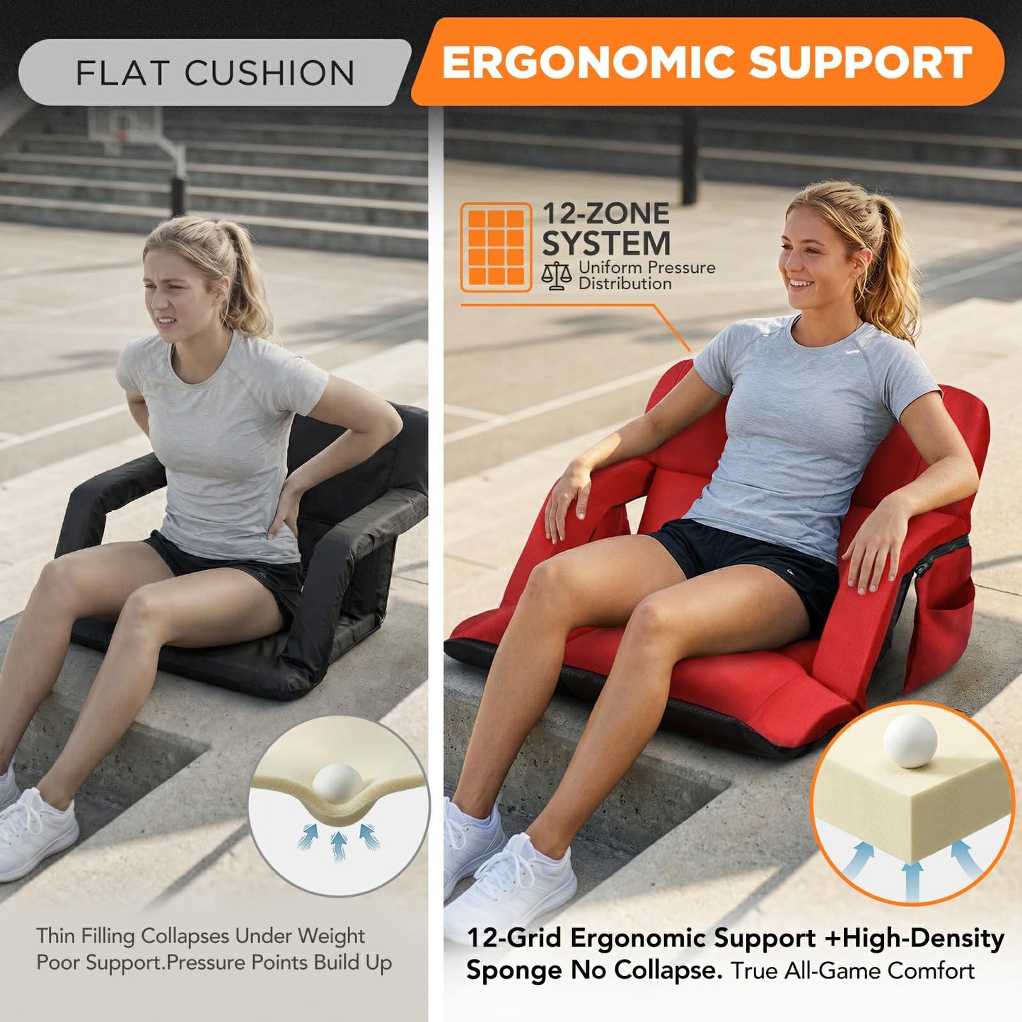 Stadium Seats with Back Support 2 Pack, 12-Grid Ergonomic 4.7" Thick Bleacher Chairs for All-Day Comfort, 6 Reclining Positions, Portable Extra Wide Adjustable Stadium Chair for Football & Baseball