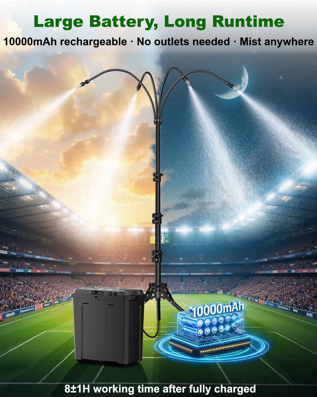 Ausic Portable Misting System with Stand, Water Cooling Misters Set for Outside Patio - 9L Bucket Built-in 10000mAh Battery & PCS Pump & Timer for Outdoor, Canopy, Sport, Golf, Beach, Greenhouse, Camp
